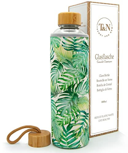 T&N bouteille verre 1L / 750ml / 500ml – gourde réutilisable avec housse néoprène – étanche & sans BPA – borosilicate épais – pour eau, thé, boissons gazeuses