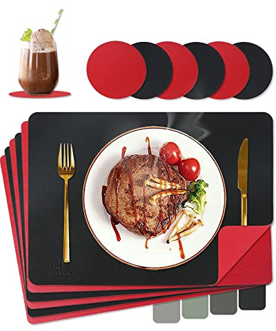 HELI MIAO Tischsets Abwaschbar,Platzsets Abwischbar,Tischset Leder,Hitzebeständig Zweifarbig I 6er Set Platzdeckchen Lederoptik mit Untersetzer,Tischuntersetzer rutschfest,Platzdecken,Rot+Schwarz