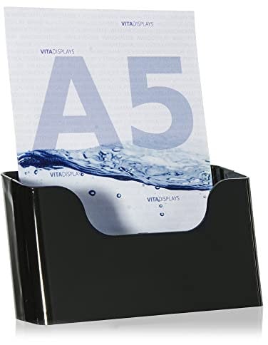 VITAdisplays DIN A5 Tischprospektständer, Flyerständer, schwarzer Flyerhalter, standfester Tisch-Prospekthalter, Prospektständer, Tisch-Prospektständer für A5 Flyer, Prospekte, optionale Wandmontage