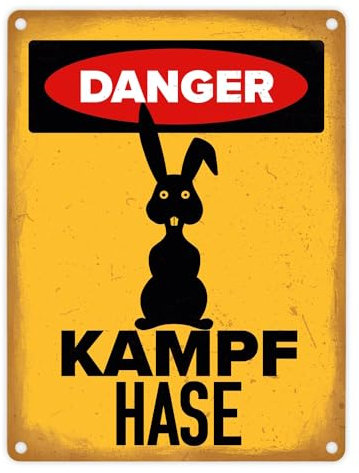 Danger Kampf Hase Metallschild in 15x20 cm mit Hasen Silhouette witziges Blechschild für Hasenhalter lustige Warnung vor dem Hasen