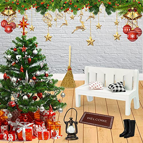 SNAGAROG Miniatur Puppenhaus Ornament Set Miniatur Holzbank Regen Stiefel Kissenstuhl Teppich Besen Retro-Öllampe Weihnachten Miniatur Puppenhaus Zubehör für DIY Dekor Geschenk