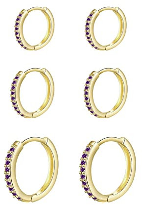 3 Paar Sterling Silber Ohrringe Set Gold für Mädchen, Nickelfrei hypoallergene Creolen mit lila Zirkonia, Ohrringe Gold Creolen für Damen Braut