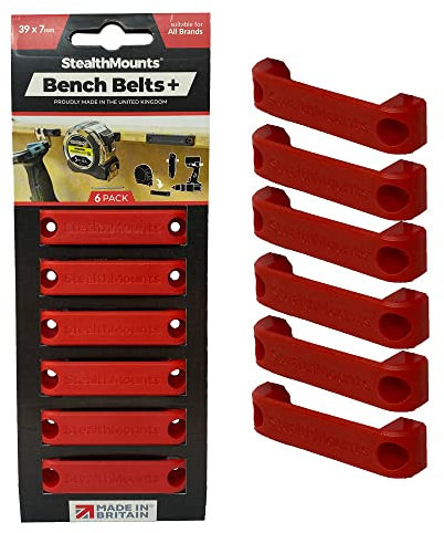 StealthMounts Red Bench Belt Plus - Universal Tool Holder | Bench Belt + Set | Perfect Tool Hanger for Power Tools, Tape Measures and Belt Clips (6 Pack)