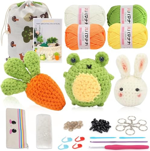 UHAPEER Häckel set Anfänger, Kaninchen Karotte Frosch Häkelsets, Häkelhaken Strickset mit Schritt-für-Schritt-Anleitungsvideo, Anweisungen, Tasche, Hakelnadelsets mit Wolle und Strickzubehör