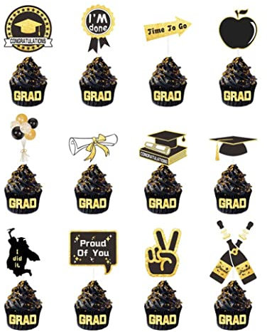 Sanfiyya 2023 Graduation Cap Cupcake Toppers, 12 Stück Grad Class of 2023 Cake Picks Dekorationen, Proud of You/Ballons Multi-Muster für 2023 Graduation Theme Party Cake Supplies