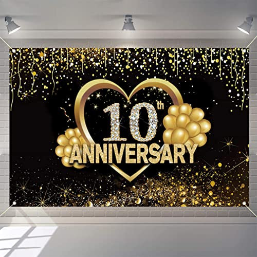 Happy 10th Anniversary Dekoration Banner, 10th Wedding Anniversary Party Supplies Stoff Schild Poster, Schwarz und Gold Hintergrund Dekor Foto Hintergrund Willkommen Schild, 150 cm x 90 cm
