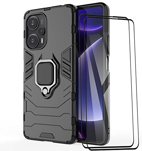ESTH® Coque pour Xiaomi Poco F5 5G/Note 12 Turbo avec 2 Pièces Protection Écran, 360° Support Rotatif [Fonctionne avec Support De Voiture Magnétique] Étui Housse, Noir