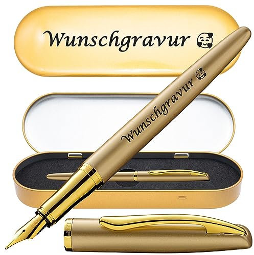 Pelikan Füllhalter Jazz® Noble Elegance mit Gravur | inkl. Etui gold mit Wunschgravur (Platz für 10 Stifte) | Emojis möglich | Farbe Gold | Füller personalisiert