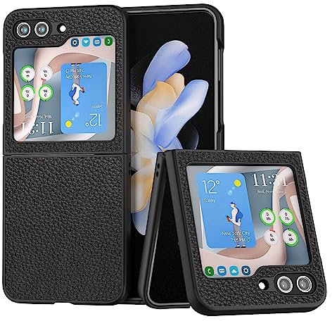 WEYNRBOX Z Flip 5 Case,Samsung Z Flip 5 Premium Leather Case,Galaxy Z Flip 5 Genuine Leather Cover Slim Phone Case, Hard Back PC Shockproof Protective Case for Samsung Galaxy Z Flip5 5G 2023-Black