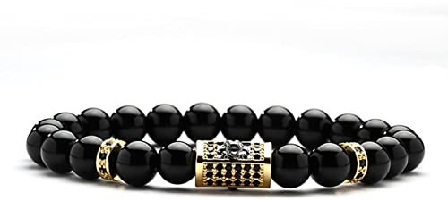 Whoiy Armband Perlen Herren, Kette Armband Herren Zirkonia Vergoldeter Schwarzes Gold Trendiges Löwen Perlenarmband Perlenarmbänder für Herren und Damen 8mm