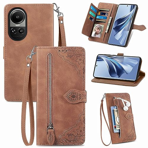 MOJIA Funda Cartera para OPPO Reno 10 5G / Reno 10 Pro 5G, Carcasa de Teléfono con Tapa a Prueba de Golpes y Anticaída de PU con Muñequera. Marrón