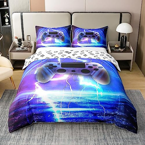 Reversible Baumwolle Bettbezug 220x240,Jungen Gaming Tröster Abdeckung,Retro Spiele Bettwäsche Set,Spiele Konsolen Blitz Steppdeckenbezug für Teens,Moderne Gamer Bettdecke Abdeckung,Blau Lila