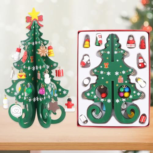 Small Tabletop Xmas Tree Wooden Christmas Tree With Ornaments 25Pcs, Diy Mini Christmas Tree Creative Desk Xmas Tree Desktop Festival Miniature Tree For Christmas Table Desk Decor Kids Gift