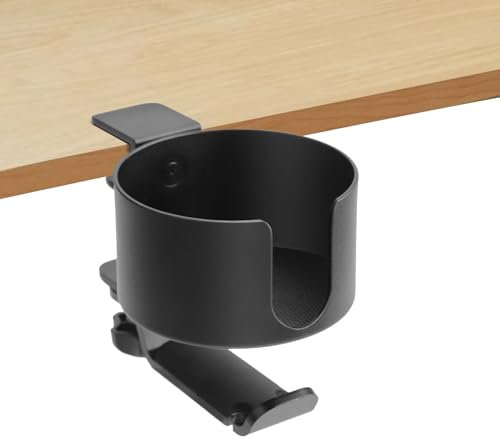 Desk Cup Holder, 2 in 1 Table Cup Holder Clamp with Headphone Hanger Anti-Drop Water Bottle Pen Headset Holder 360-Degree Rotatable Clip on Coffee Cup Hanger Desk Organizer for Home Bed Office (Black)