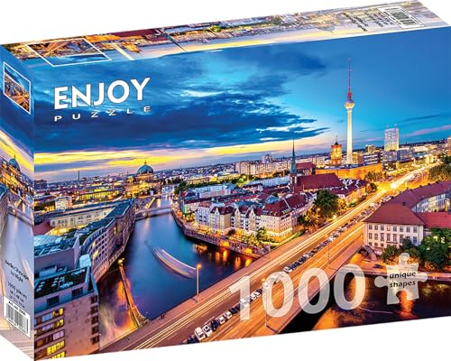 1000 Pieces Jigsaw Puzzle – Matte Finish, Soft Touch, Sturdy and Unique Pieces, Tight Fit, Vivid Colors, Missing Pieces Service – Berlin Night Cityscape with German Landmarks Skyline – by ENJOY Puzzle