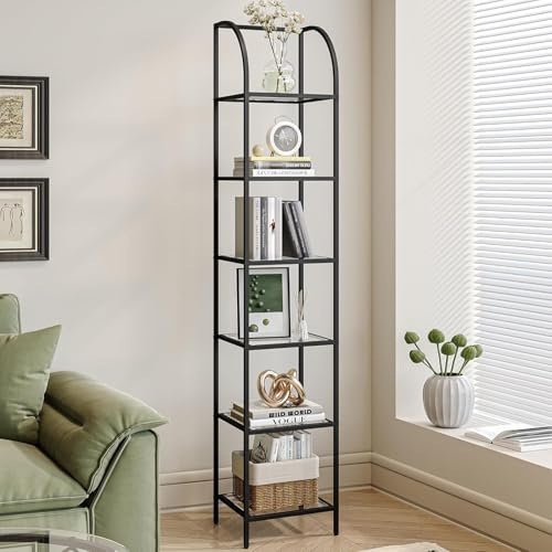 Hzuaneri Bibliothèque en verre trempé pour plus de rangement, étagère fine pour chambre à coucher, salle de bain, bureau à domicile, cadre en acier, 6 niveaux, noir BC20699B