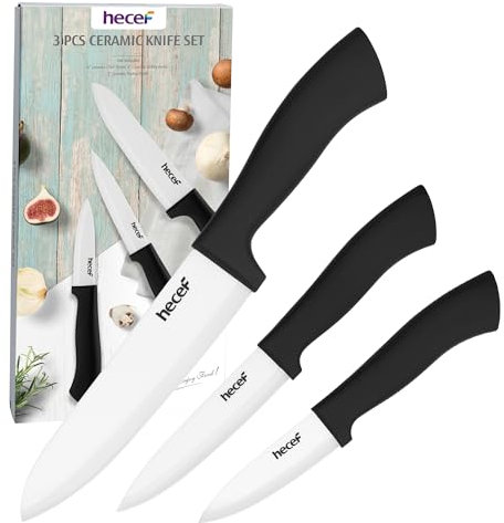 hecef Sharp & Durable Ceramic Kitchen Knife Set of 3 - Non-Stick & Easy to Clean for Mining Fruits & Vegetables (White)
