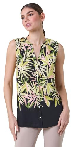 Roman Sleeveless Shirt for Women UK Ladies Blouse Top Button Through Summer Smart Casual Work Cocktail Party Office Holiday Special Occassion Evening Going Out - Green Pink Black - Size 10