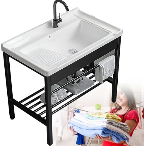 YANGYMM Freistehendes Waschbecken Keramik Mit Waschbrett, Reistehende SpüLtisch KüChe SpüLbecken, Befestigungsschrauben, Geeignet für Balkon, Garten, WaschküChe, Badezimmer,61x48x83cm