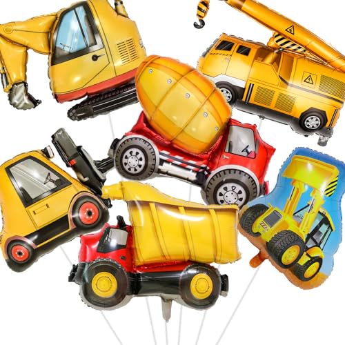 Waziwe 6 Stück XXL Bagger Party Set - Luftballons mit Krane, Bulldozer, Gemischte Schlammautos, Gabelstapler und Traktor Folienballon - Helium Deko für Kindergeburtstag