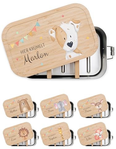 wunderwunsch® - Personalisierte Brotdose für Kinder - Robuste und Individuelle Edelstahl Brotdose mit Namen - Personalisierte Geschenke für Kinder (klein Edelstahl,Hund Girlande)