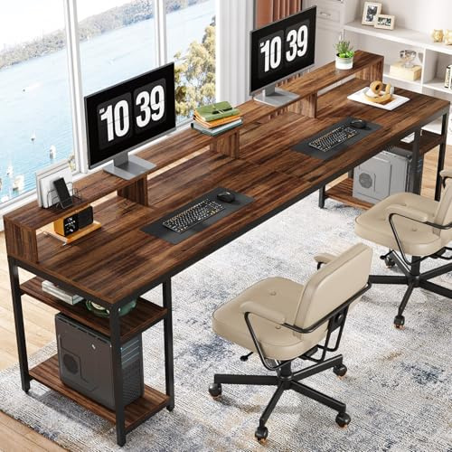 Tribesigns - Two Person Computer Desk with Monitor Stand, 78.5 Inch Long Double Office Computer with Storage Shelves, Large Study Table for Gaming