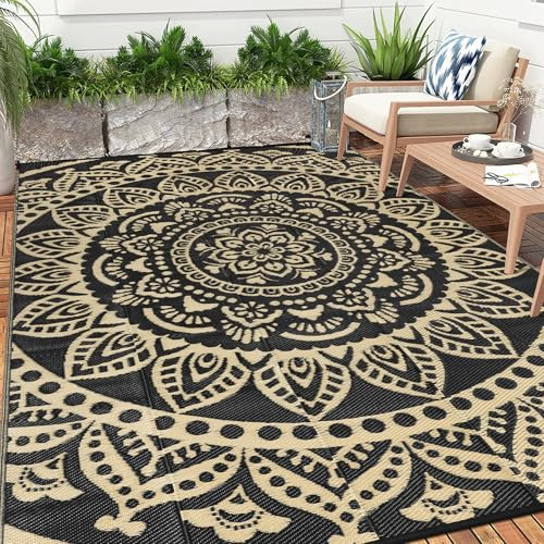 Bsmathom Outdoor-Teppiche für Terrasse, wendbare Kunststoff-Stroh-Campingmatte, tragbar, wasserdicht, wendbar, für Camping, Wohnmobil, Picknick, 15,2 x 22,9 cm, Schwarz / Gold