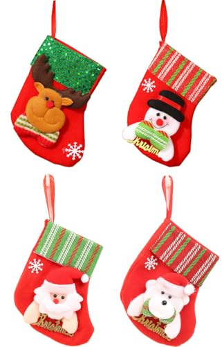 QHFlashbuy 4 Stück Mini Weihnachtsstrumpf Set,Kleine Weihnachtsstrümpfe,3D Nikolausstiefel Befüllen,Weihnachtsstrumpf Deko für Kamin,Weihnachtsbaumschmuck Süßigkeitenbeutel