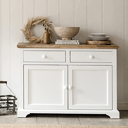 Florence White Sideboard, Kitchen Cupboard | Cabinet with 2 Doors, 2 Drawers | W120cm, D42cm, H85cm Large Wooden Storage Buffet Table | Fully Assembled Dining Living Room Furniture