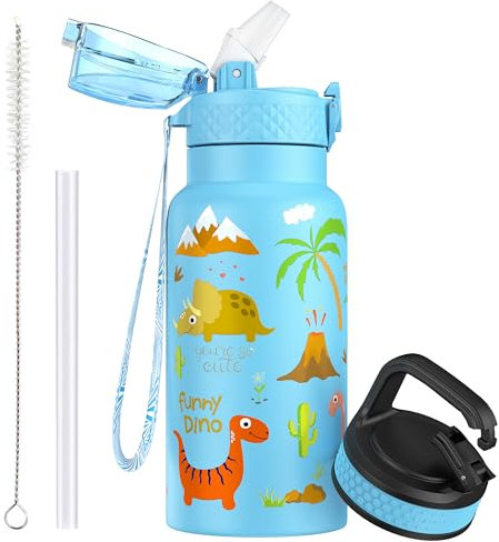 OLDLEY 500ml/17oz Kids Stainless Steel Insulated Water Bottle with Straw Double Wall Metal Vacuum Leakproof Small Flask with 2 Different Lids Hot Cold Drinks for Boys Girls Children (Sky Dinosaur)