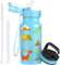 OLDLEY 500ml/17oz Kids Stainless Steel Insulated Water Bottle with Straw Double Wall Metal Vacuum Leakproof Small Flask with 2 Different Lids Hot Cold Drinks for Boys Girls Children (Sky Dinosaur)