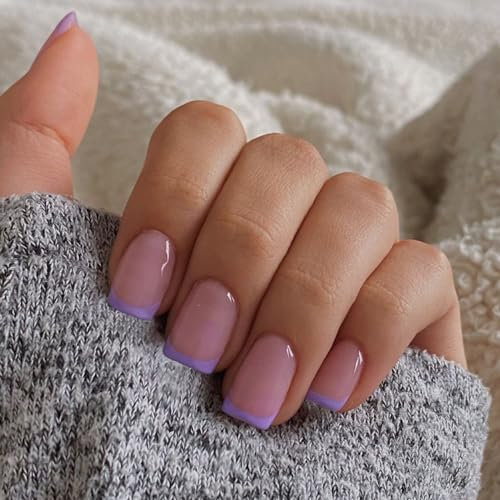 SXVME 30 Pcs Acrylic Press on Nails Short Square, Lilac French Tip False Nails Short Coffin, Natural Nude Fake Nails Set Classic Soft Gel Stick on Nail for Women Daily Wedding Wear