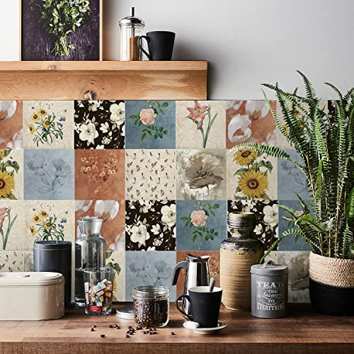 HORIWE Vintage Fliesenaufkleber Wandfliese Aufkleber 24 Stück Selbstklebende Tapete Fliesensticker Fliesen Wasserdicht Wandaufkleber für Küche,Bäder,Schrank,Möbel,Tisch
