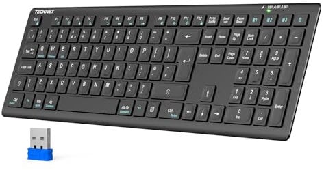 TECKNET Wireless Keyboard, Rechargeable 2.4GHz USB Bluetooth Keyboard for 4 Multi Devices, Ultra Slim Full Size UK Layout Keyboards for Computer, Laptop, Tablet, Desktop, Phone (Dark Black)
