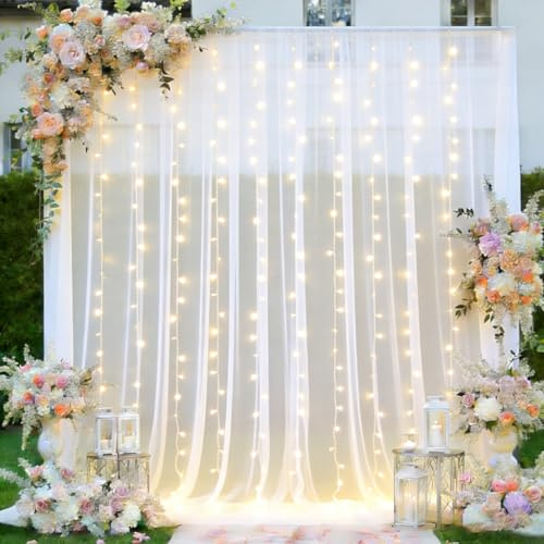Realparkly White Tulle Backdrop Curtain with Lights, Elegant Sheer Photo Backdrop Drapes, Soft Fabric & LED Curtain for Weddings Brithday Parties Photography Background Decor, 10ftx8ft