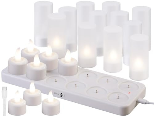 Lunartec Flammenlose Teelichter: 48er-Set Akku-LED-Teelichter mit Kunststoff-Dekogläsern & Ladestation (mit Ladefunktion, aufladbares LED Set, Akkus)