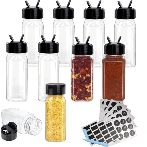 PACIOCEAN 10 Plastic Spice Jars with Lids，Square Empty Seasoning Containers Clear Spice Bottles for Dry Food， for Spice, Herbs, Powders and Kitchen Storage，Wide Funnel and Labels