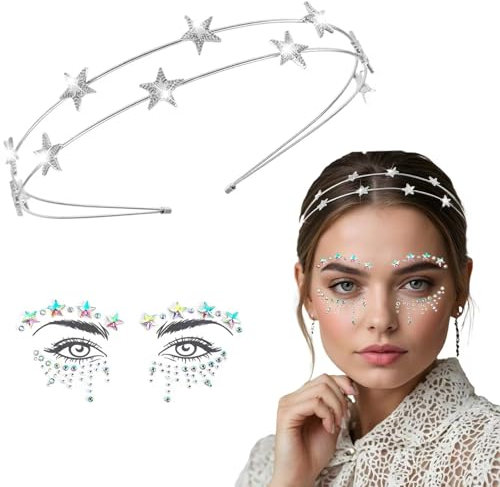 Haarreifen Mädchen Haarreif Sterne Silber，Haarreif Stern Karneval Kostüm Damen Gesichtstattoo ，Glitzer Haarreif Mädchen Mit Glitzersteine Gesich für Frauen Party Mädchen Braut Brautjungfern