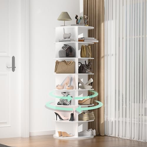 HIZH Rotating Shoe Rack, 7 Tier 360° Shoe Display Store 21 Pairs of Shoes,Rotating Shoe Rack Tower Suitable for Storing Handbags,63X23.6 White