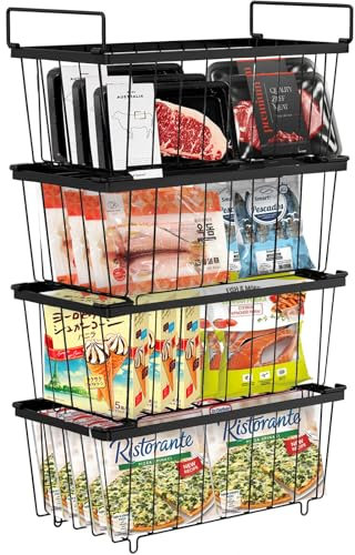 4 Pack Chest Freezer Baskets, Stackable Freezer Organiser with Handles, Freezer Baskets for 198L Sort Frozen Foods, Freezer Organiser, Freezer Storage Boxes Wire Drawers Bins, Easy to Get Items(Black)
