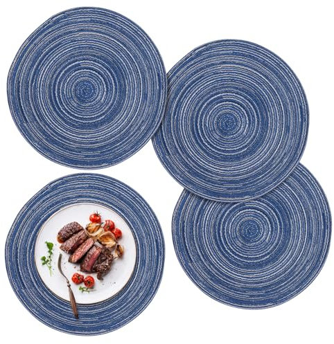 ZYDYRX 4 Stück Tischsets Rund Abwaschbar 30 cm Platzsets Geflochten Hitzebeständig Tischsets Boho Platzset Baumwolle Platzdeckchen Abwaschbar für Speisetisch Küche Hochzeitsfeier Hotel Blau