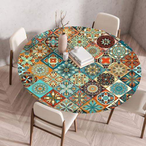Boho Tischdecke Rund, Outdoor Tischdecke Abwaschbar Rund, Elastisch Gartentischdecke Wetterfest Tablecloth mit Gummizug für Balkon, Garten (Mandala,80cm)