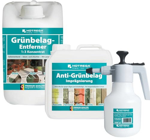 HOTREGA Grünbelagentferner 1:3 Konzentrat 5L + Anti Grünbelag Imprägnierung 2L + Druckspritze 1,5L