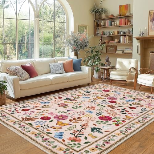 MAST DOO Teppich Wohnzimmer 160x230cm, Boho Kurzflor Teppich Waschbarer, Schlafzimmer Wohnzimmer Teppiche Großer Waschbar rutschfest Blumen Design für Esszimmer Büro Bereich Dekor, Rosa