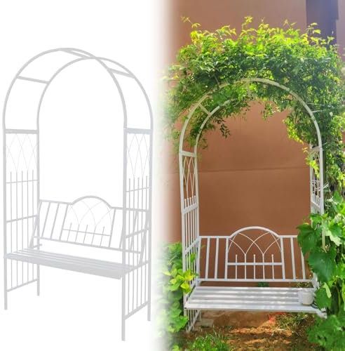 QYANPEN 2.1cm Garden Arbor with Bench,garden arch trellis with seat,Patio Trellis Pergola Arches for Backyard Outdoor Rose Arch Black/White Garden Metal Arch Arbour with Bench(White)