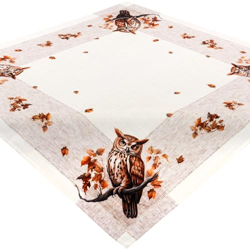 Espamira Tischdecke Herbst Mitteldecke Stoff Beige 85 x 85 Tischwäsche Weiß Eule Blatt Terrakotta Pflegeleicht Waschbar