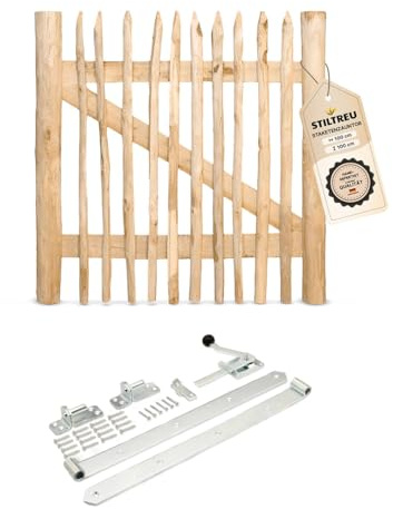 STILTREU Classic Staketenzaun-Tor Set (silber) aus Edelkastanie (Breite 100 cm x Höhe 100 cm)
