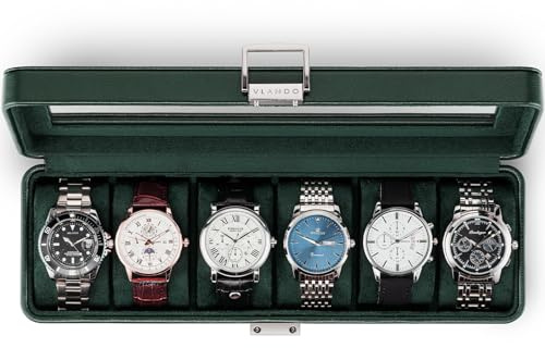 VLANDO Uhrenbox Herren 6 Uhren,abschließbarer Uhrenkasten mit Glasdeckel | Geschenk für Väter, Ehemann, Freund， Watch Box Uhrenaufbewahrung mit PU leader Uhrenkissen, Dunkelgrün