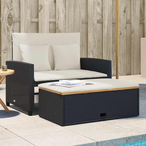Kaloriko Gartensofa mit Kissen, 2-Sitzer Schwarz, Poly Rattan & Akazienholz, ausziehbar zum Schlafsofa, UV-beständig, wetterfest für Terrasse & Balkon