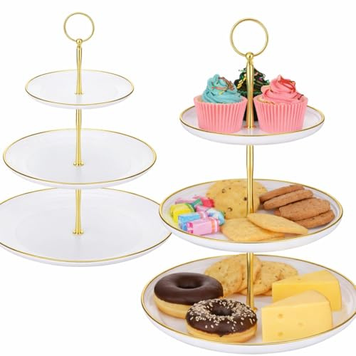 ZXBBTZ 2 Stück Etagere Weiß Gold 3 etagen Kuchenständer Elegante Cupcake Ständer Muffin ständer für Hochzeit Party Geburtstag Etagere Vintage für Desserts Cookie Gebäck gestuftes Serviertablett
